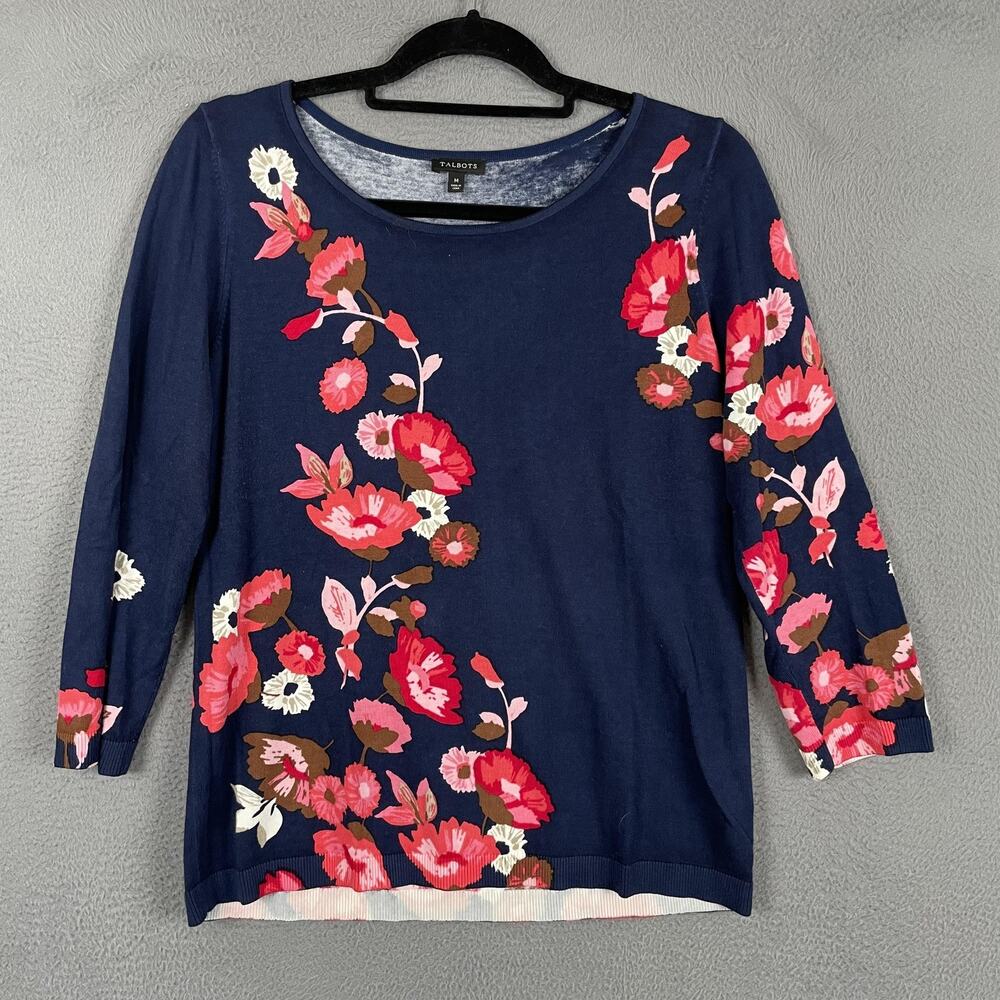 Talbots Sweater Pullover Womens M Blue Round Neck Floral Cotton Rayon 3/4 Sleeve